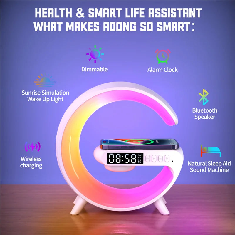 Wireless Charger Pad Stand Speaker TF Card RGB Night Light Lamp Alarm Clock Fast Charging Station Dock for iPhone Samsung Xiaomi